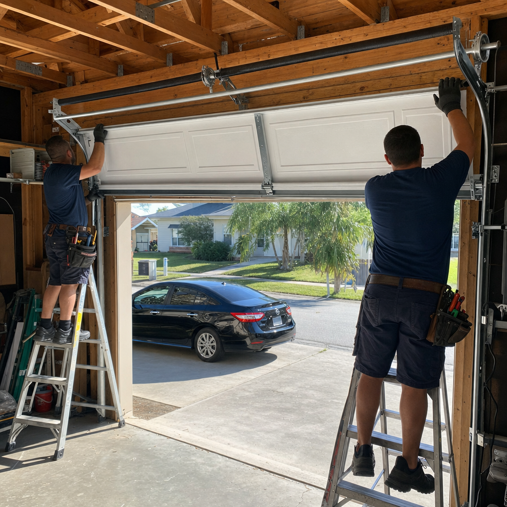 Two technicians installing a new residential garage door on ladders.