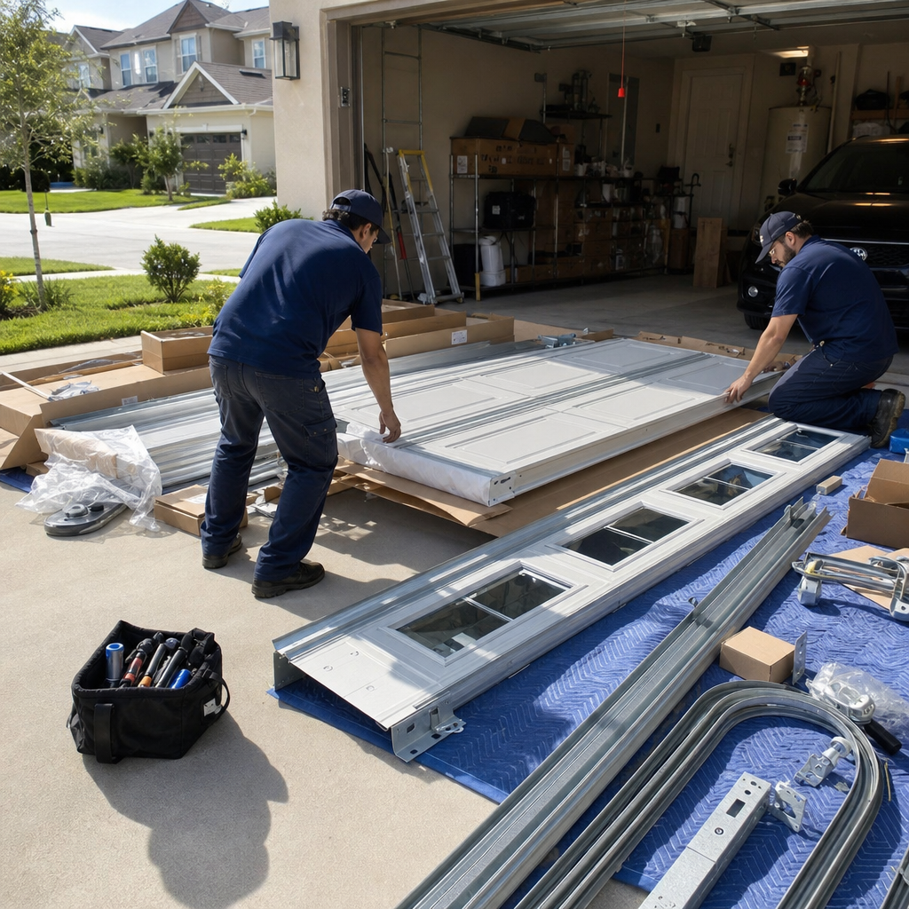 Professional technicians performing a residential garage door installation