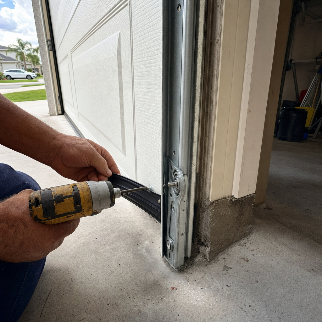 Technician installing new garage door bottom weather seal with power drill