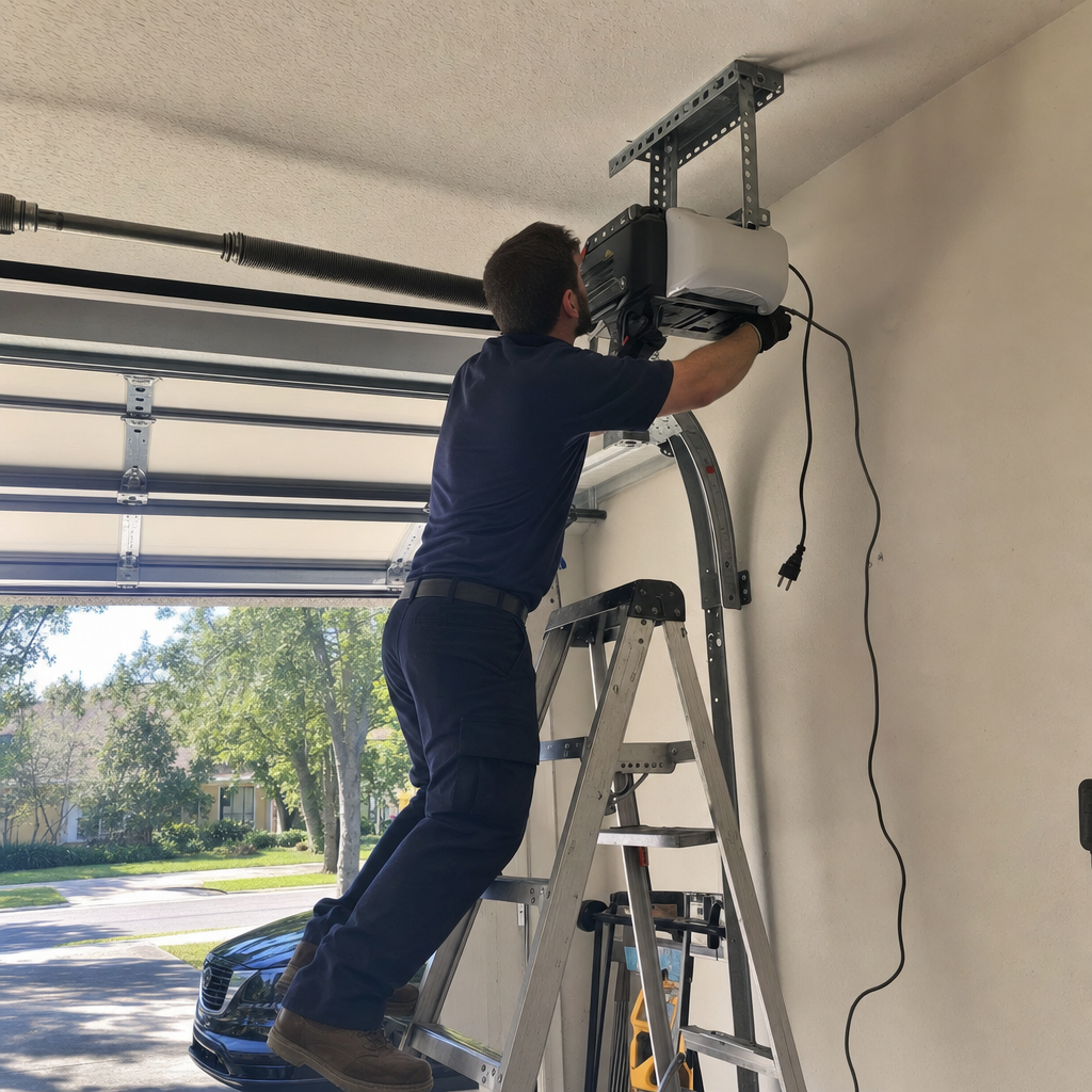 Technician installing a garage door opener on the ceiling