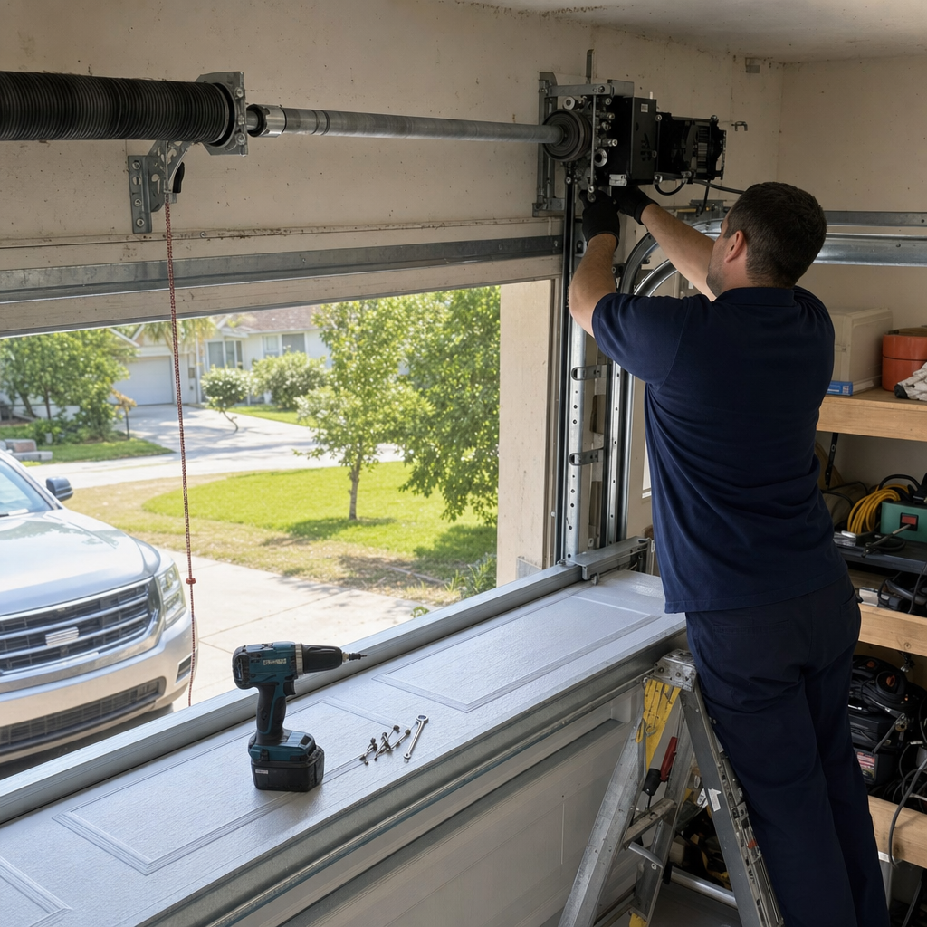 Technician repairing or installing a residential garage door opener mechanism