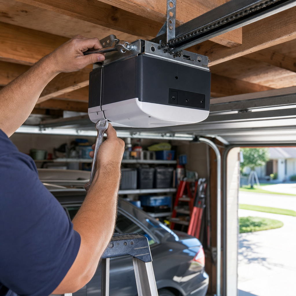 Technician using a wrench to repair a residential garage door opener