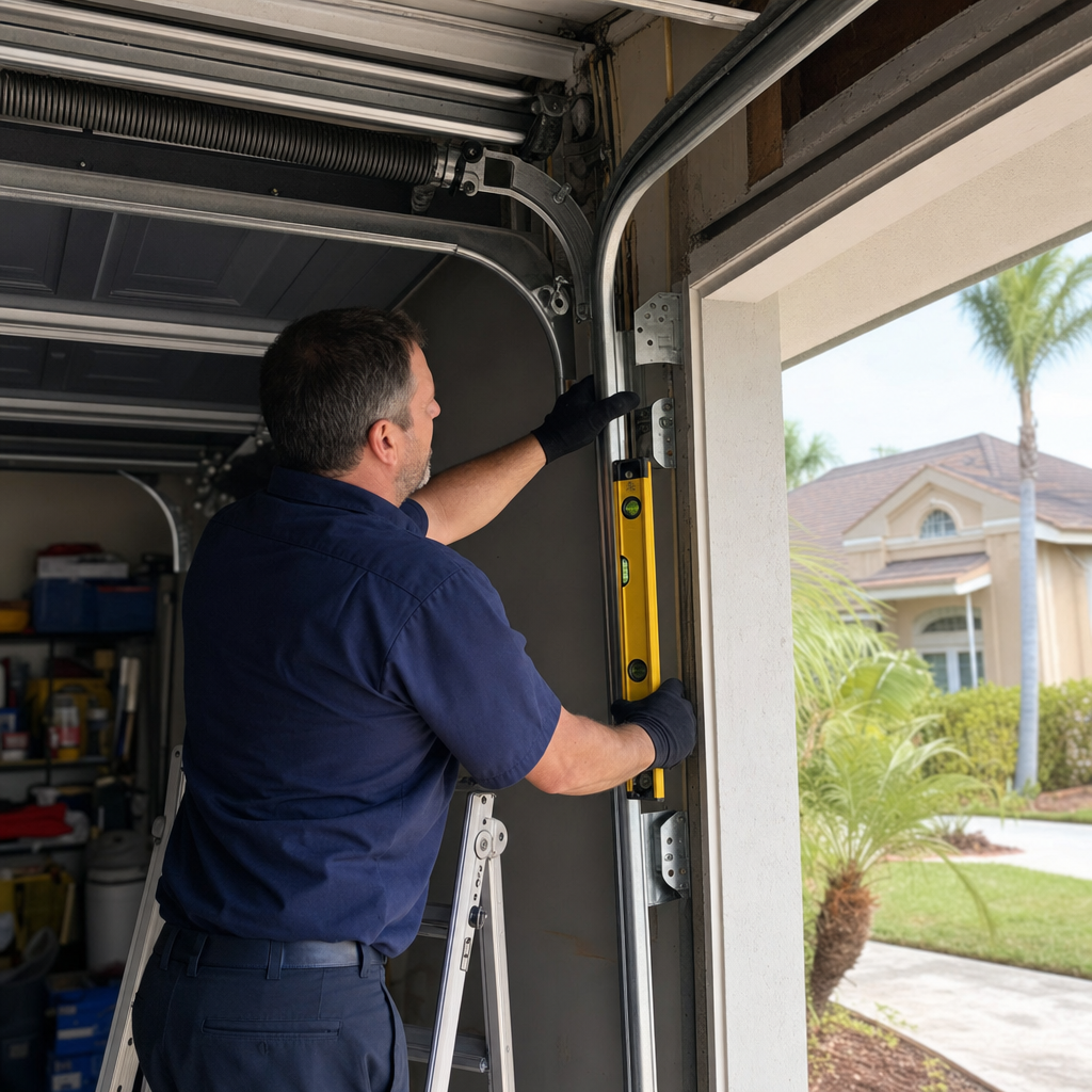 Technician using a level to align a residential garage door track