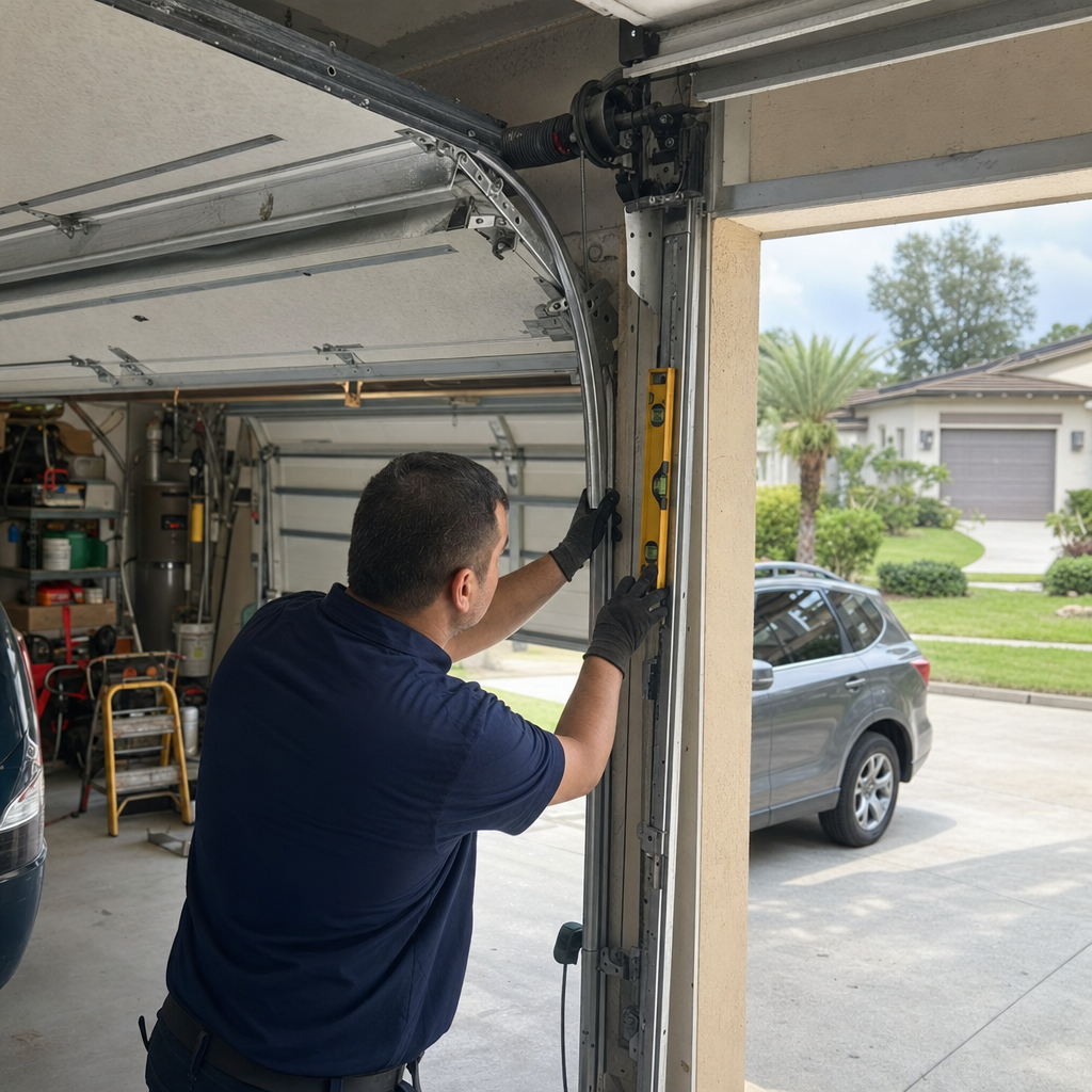 Technician using a level to repair a garage door track