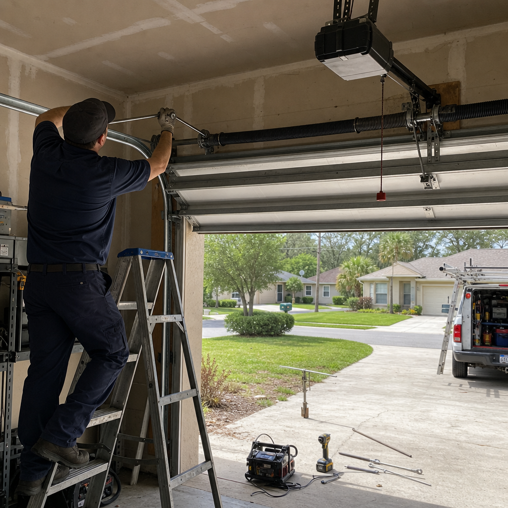 Technician performing professional garage door spring repair and maintenance