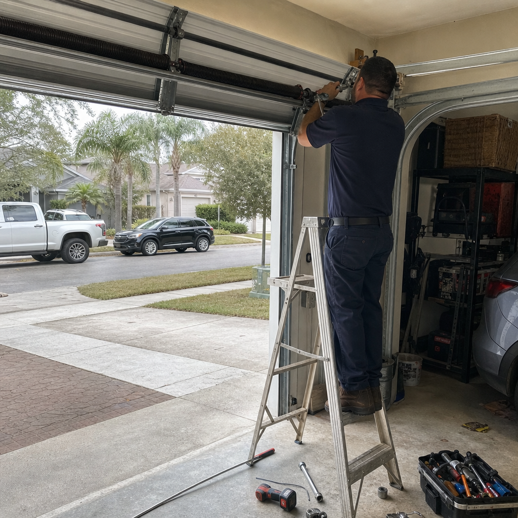 Technician performing emergency garage door spring repair on a ladder in Orlando, FL
