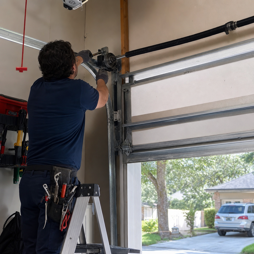 Professional technician performing emergency garage door spring repair in Williamsburg, FL
