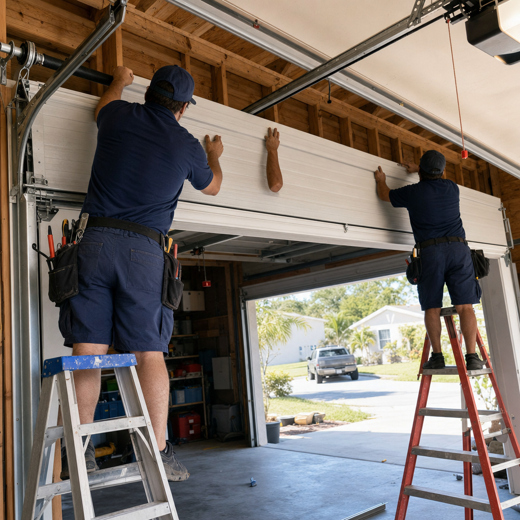 Two technicians installing a new residential garage door