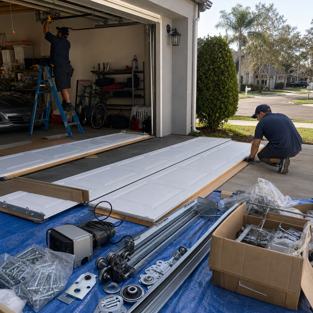 Two professional technicians performing a garage door installation