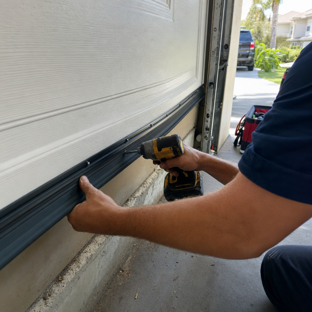 Technician using a power drill to install garage door bottom seal