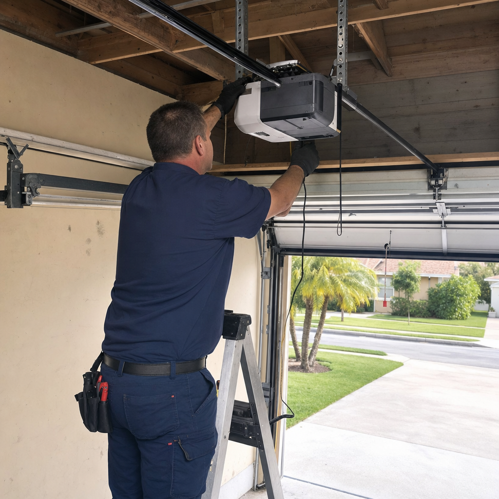 Technician performing garage door opener installation and repair services.
