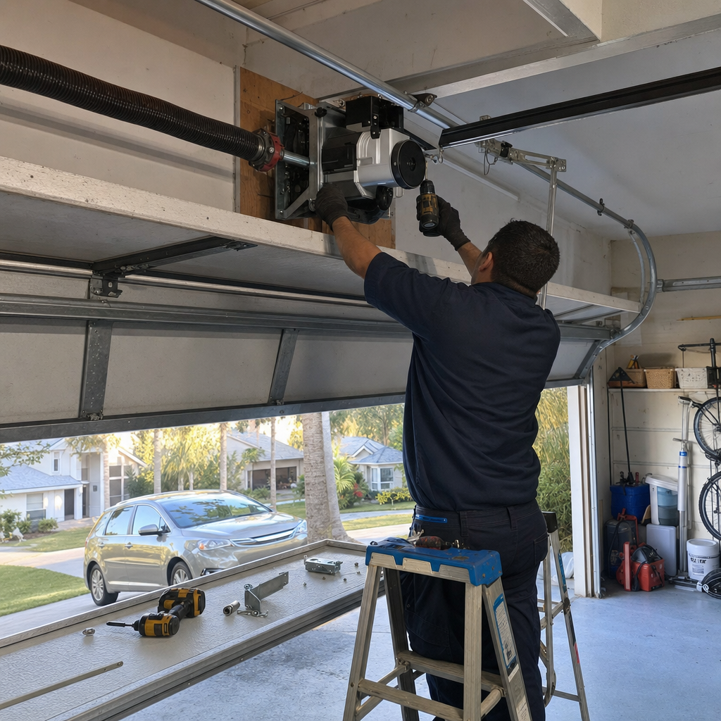 Technician installing a professional wall-mount garage door opener
