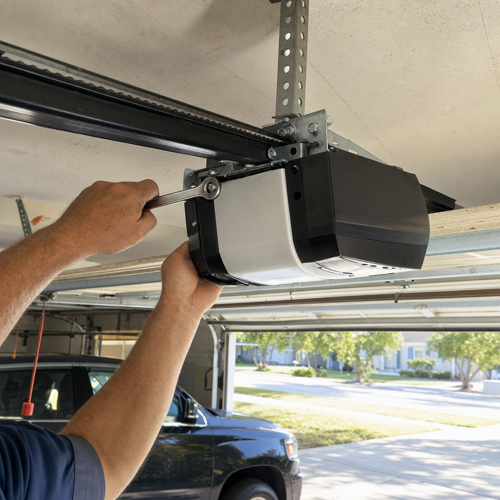 Technician using a wrench to repair a garage door opener motor