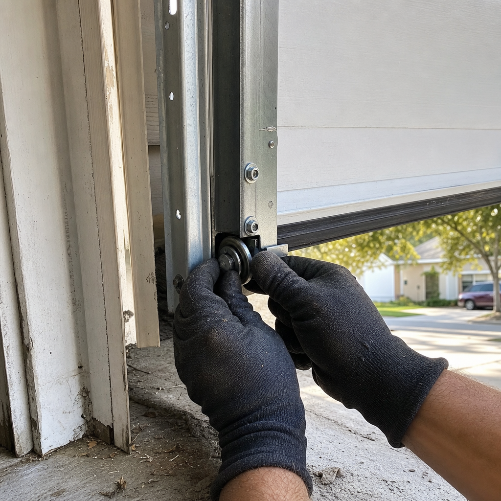 Technician performing professional garage door roller repair and maintenance in Orlando, FL