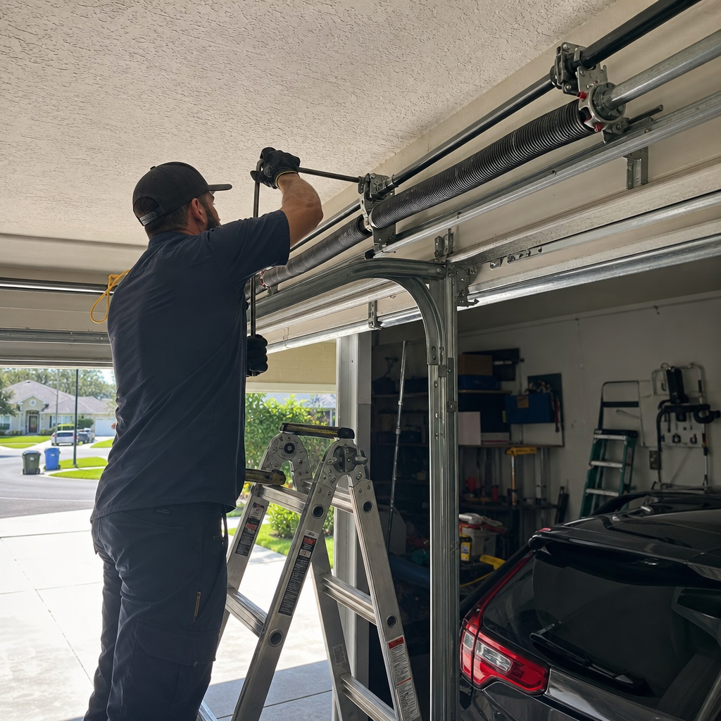 Technician performing professional garage door spring repair and maintenance in Cocoa West, FL