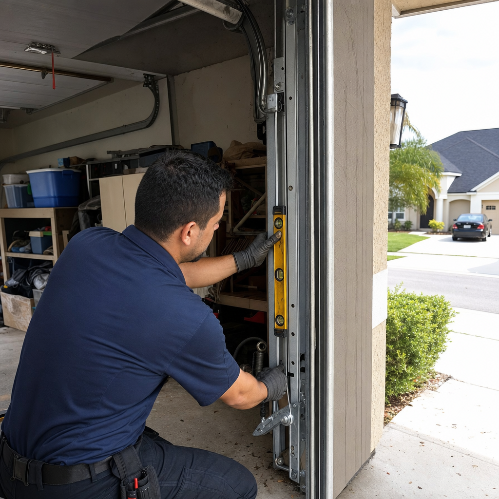 Technician using a level to repair a garage door track