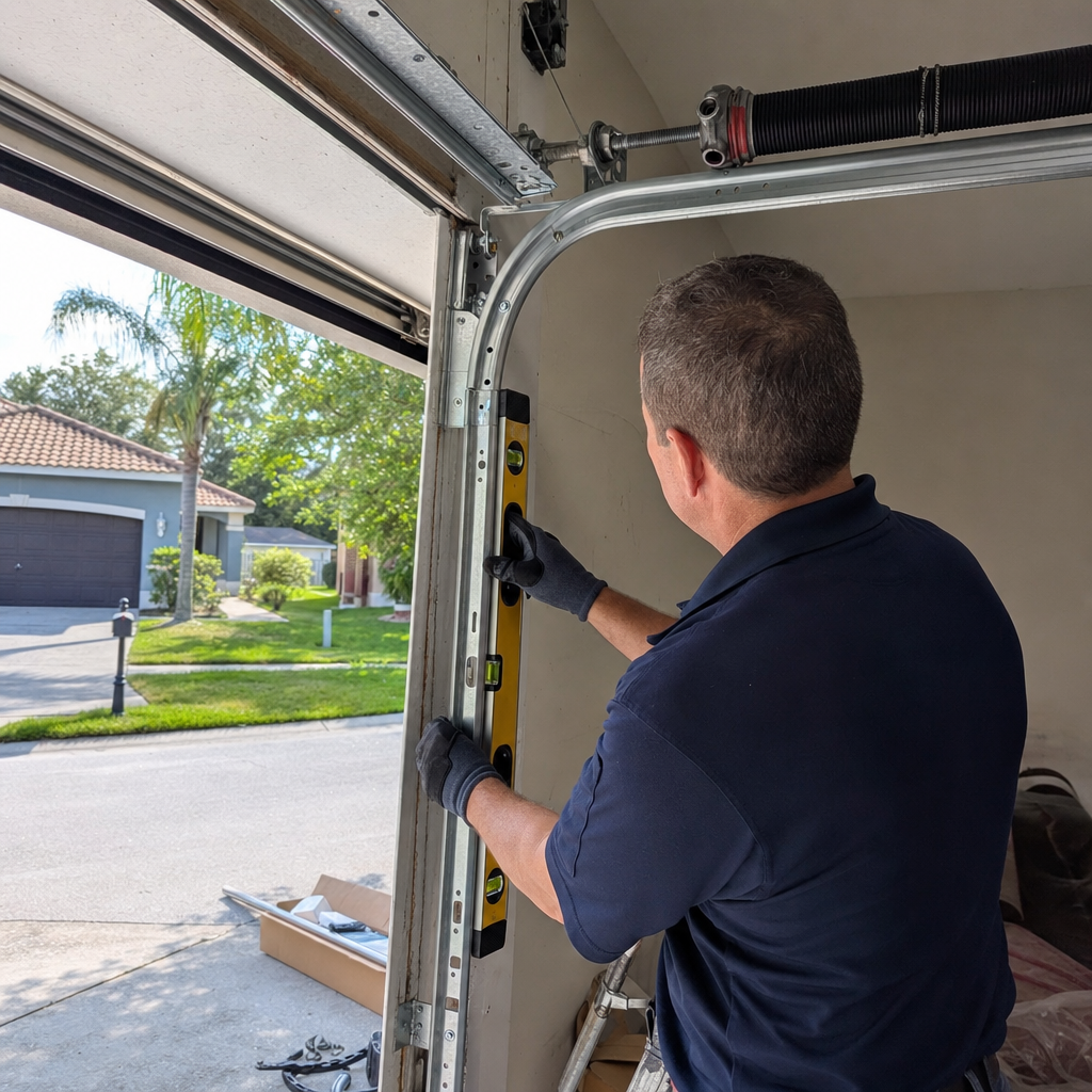Technician using a level to install garage door tracks
