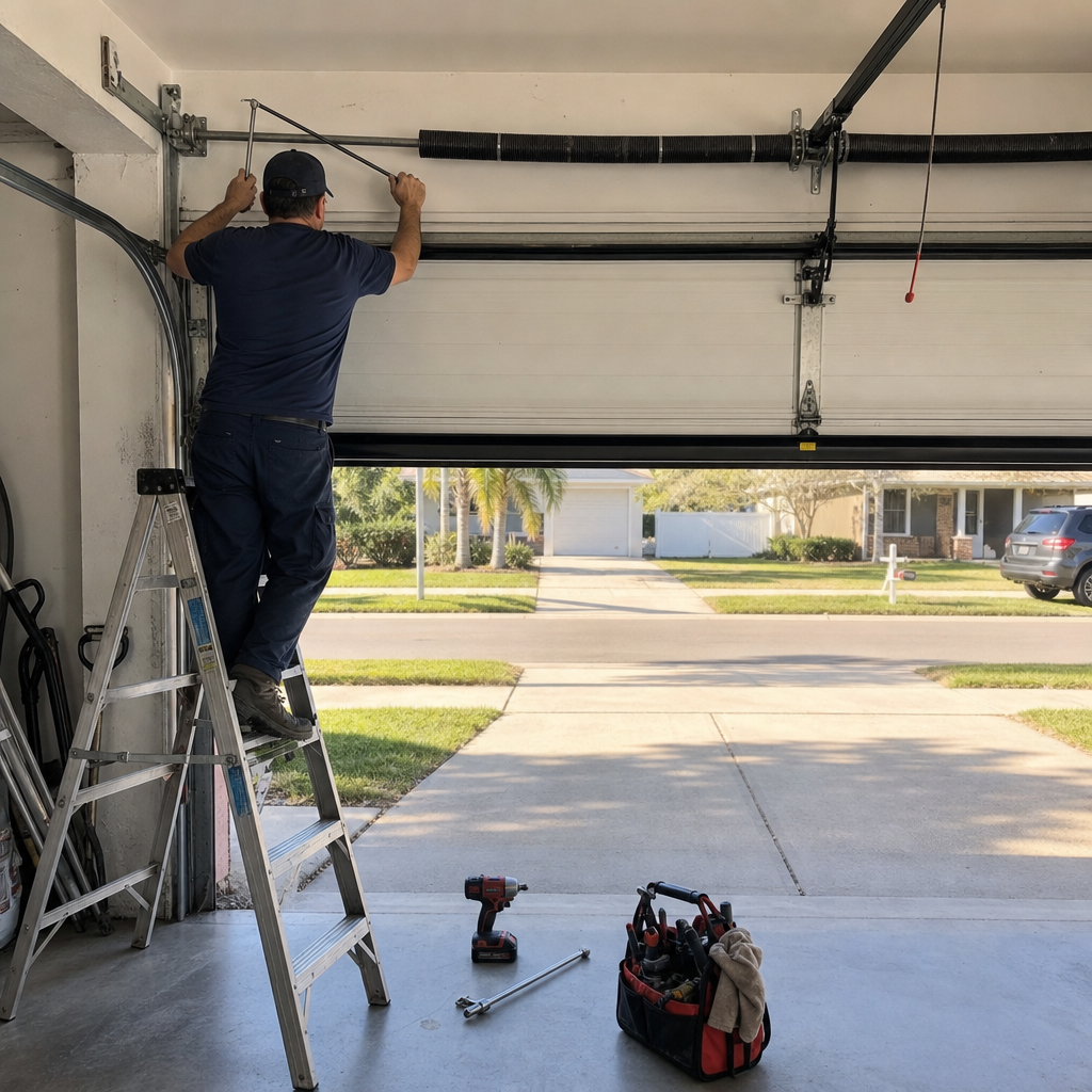 Technician performing professional garage door spring repair and maintenance
